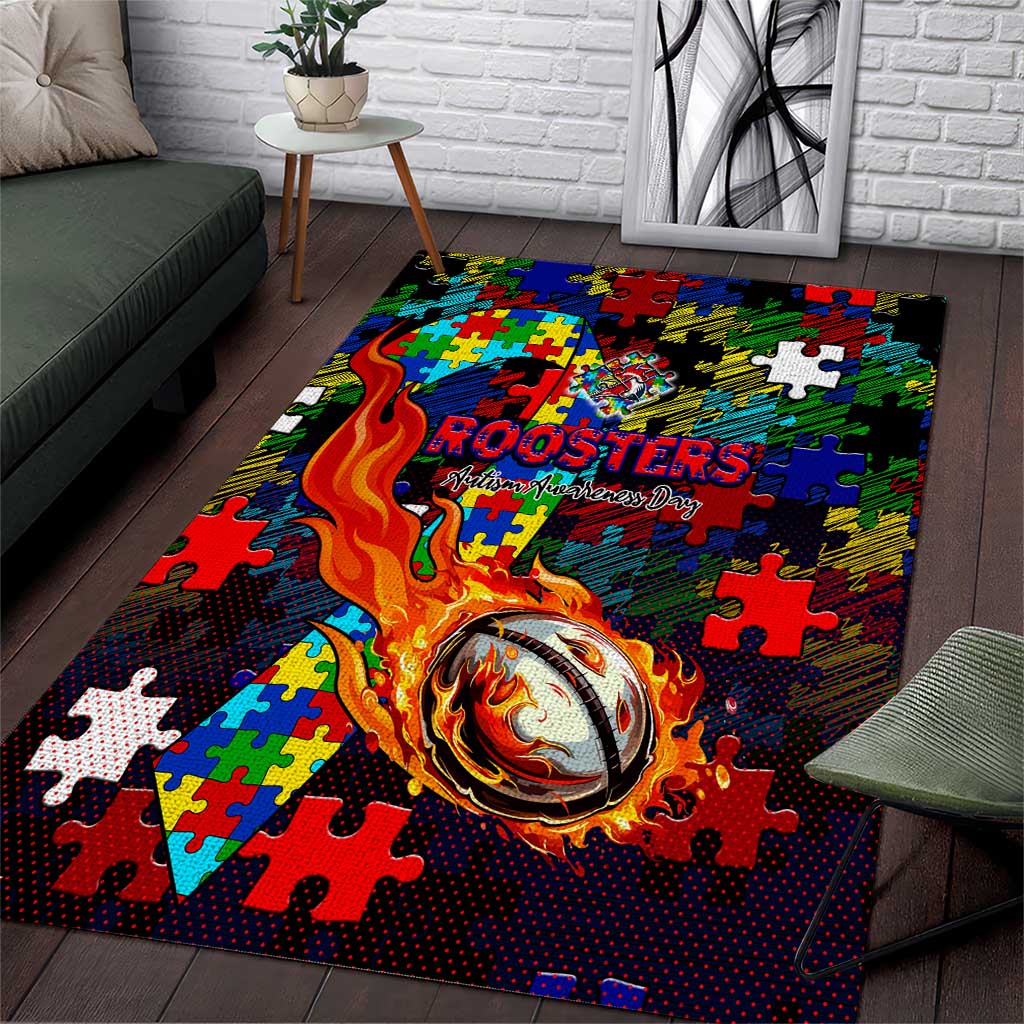 Roosters Autism Awareness Area Rug Puzzle Flames Rugby Ball