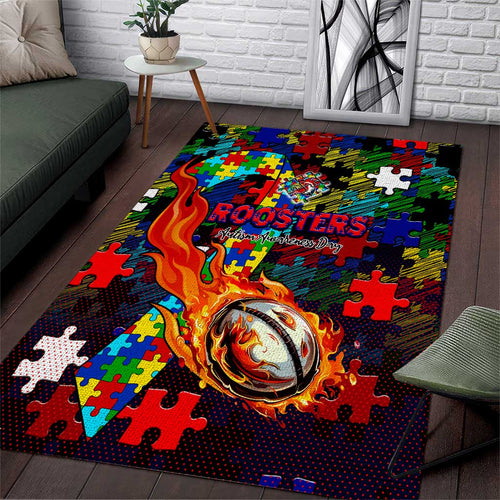 Roosters Autism Awareness Area Rug Puzzle Flames Rugby Ball