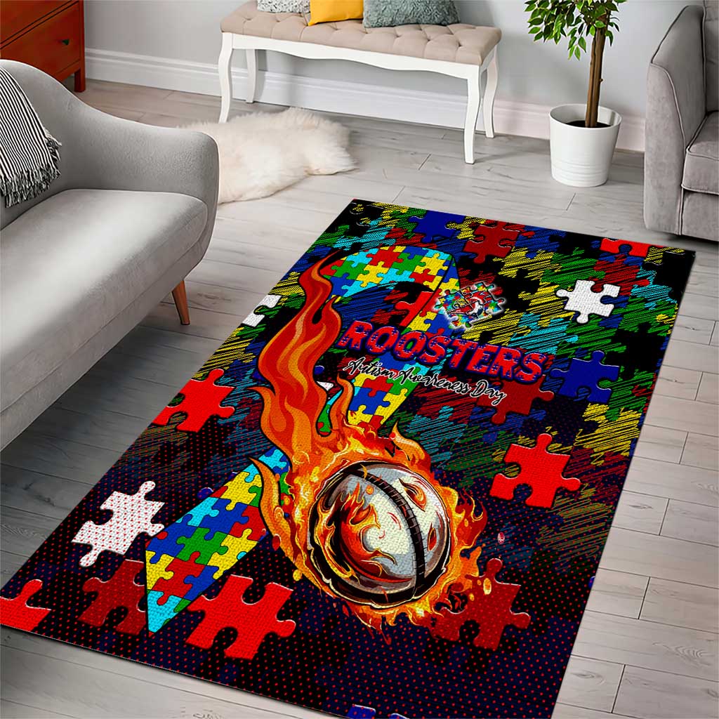 Roosters Autism Awareness Area Rug Puzzle Flames Rugby Ball