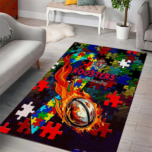 Roosters Autism Awareness Area Rug Puzzle Flames Rugby Ball