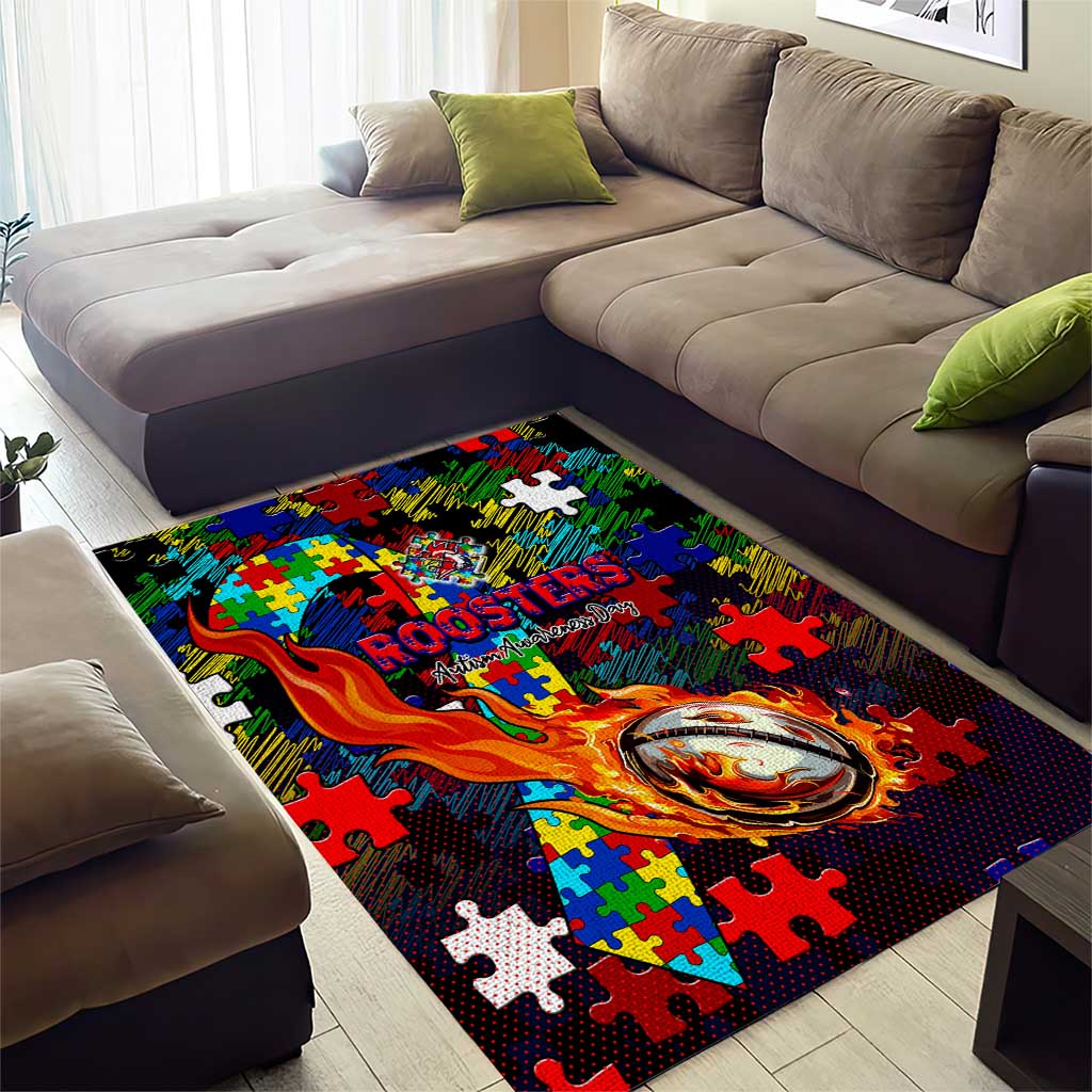 Roosters Autism Awareness Area Rug Puzzle Flames Rugby Ball