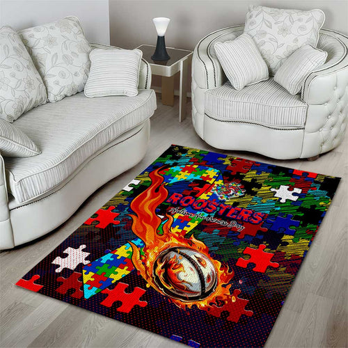 Roosters Autism Awareness Area Rug Puzzle Flames Rugby Ball