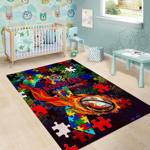 Roosters Autism Awareness Area Rug Puzzle Flames Rugby Ball