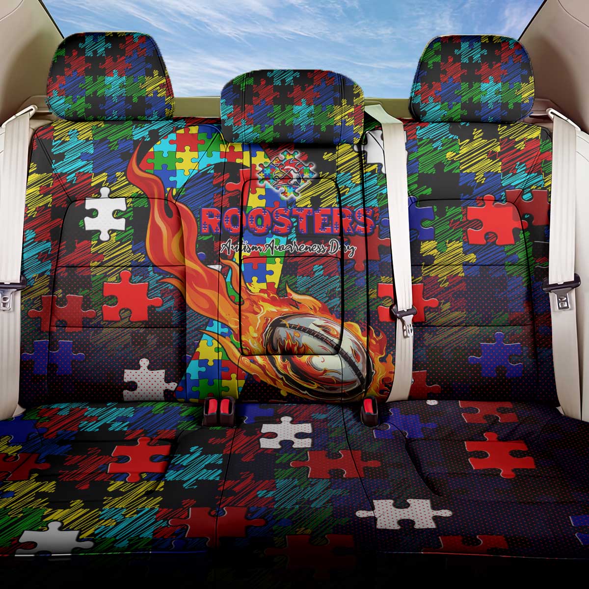 Roosters Autism Awareness Back Car Seat Cover Puzzle Flames Rugby Ball