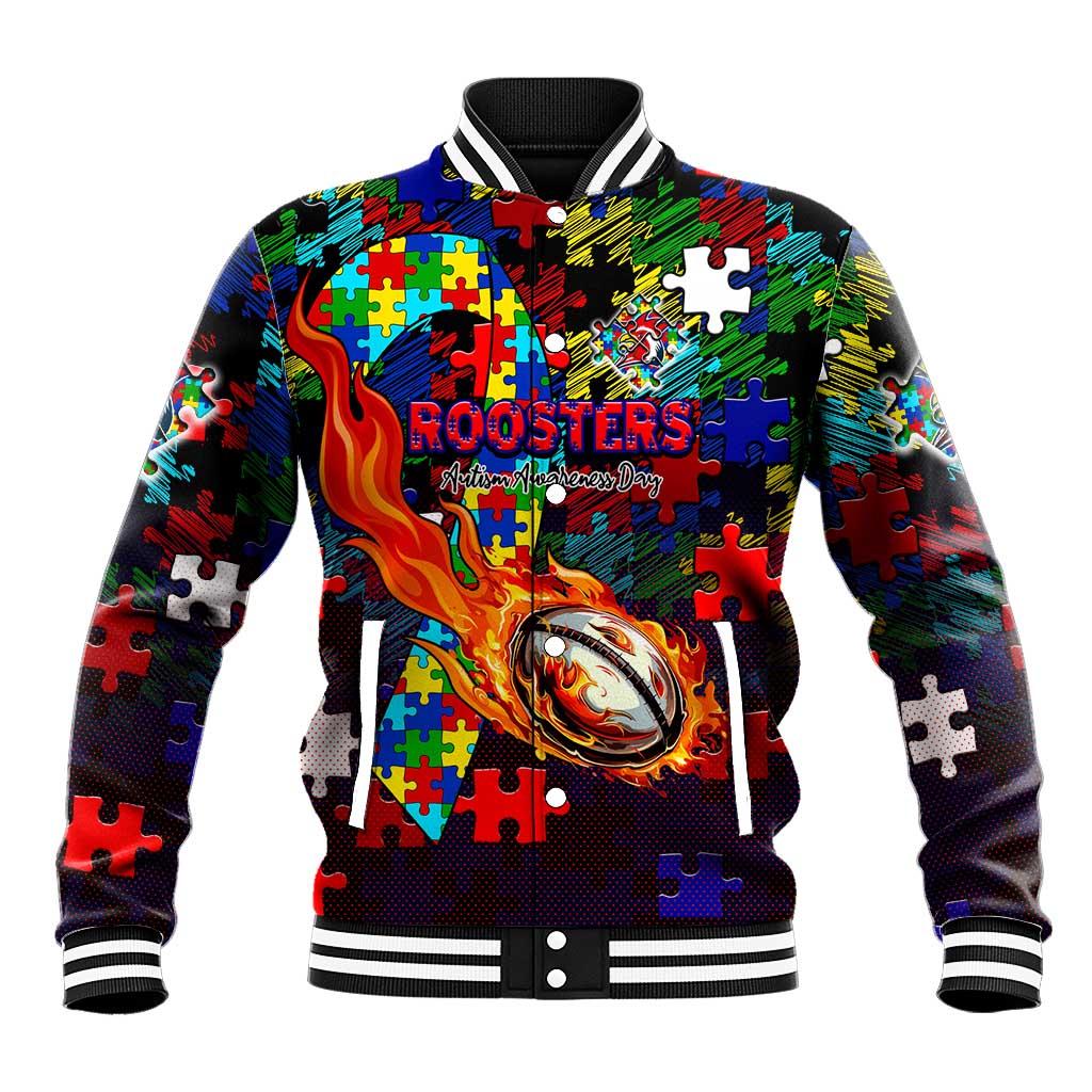 Roosters Autism Awareness Baseball Jacket Puzzle Flames Rugby Ball