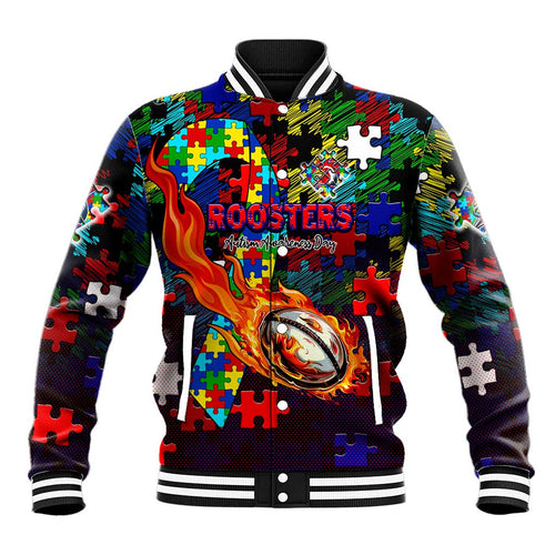 Roosters Autism Awareness Baseball Jacket Puzzle Flames Rugby Ball