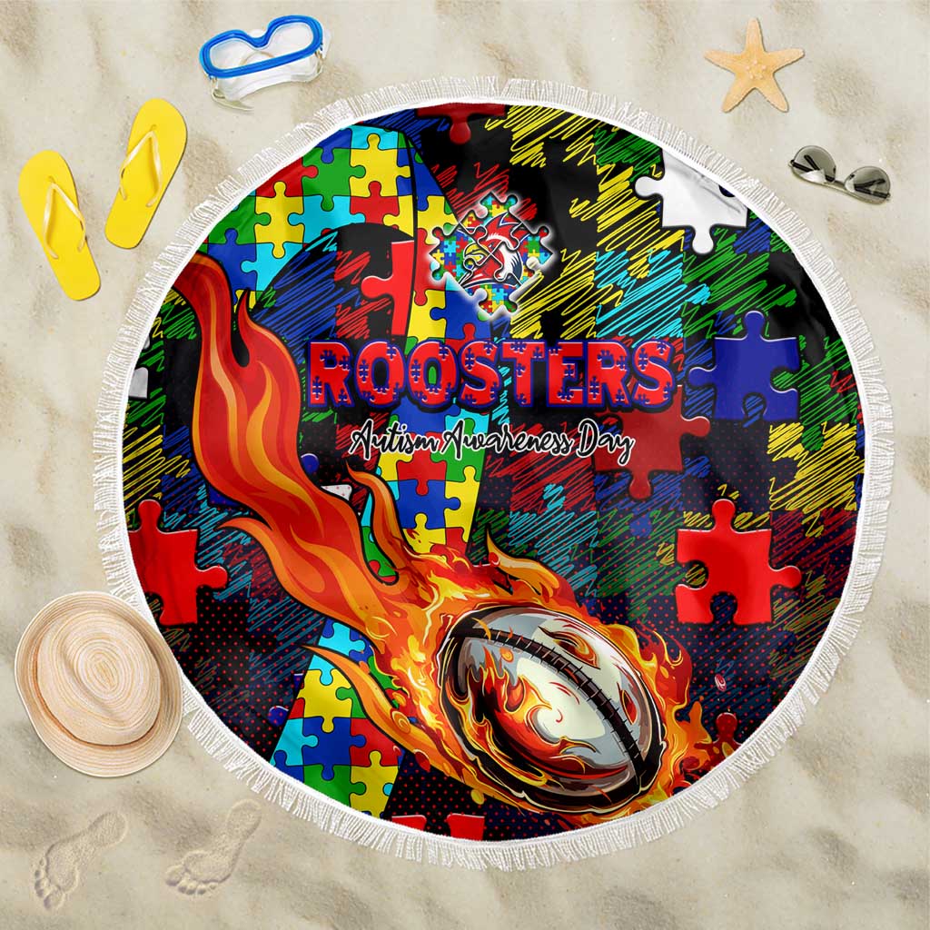 Roosters Autism Awareness Beach Blanket Puzzle Flames Rugby Ball