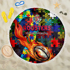 Roosters Autism Awareness Beach Blanket Puzzle Flames Rugby Ball