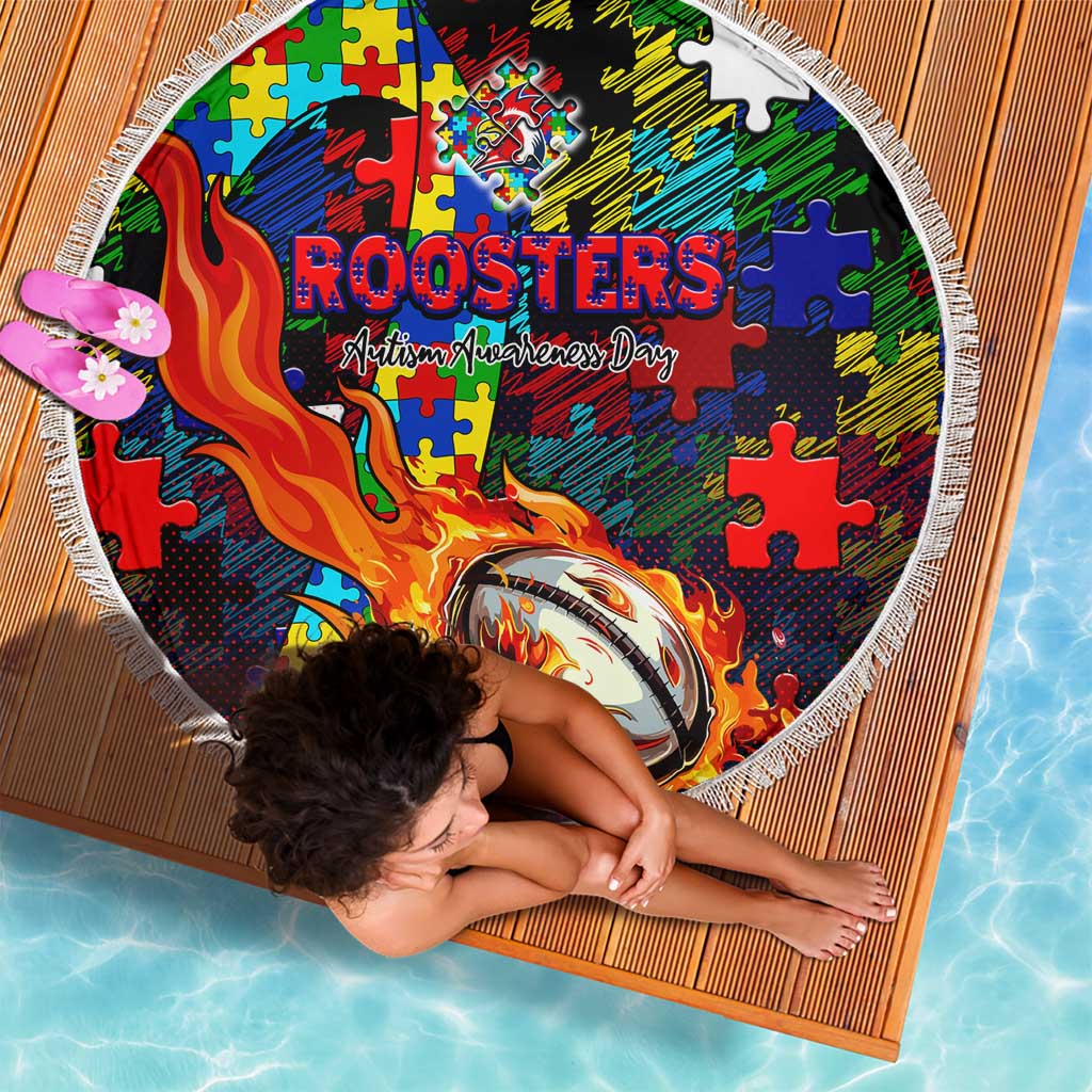 Roosters Autism Awareness Beach Blanket Puzzle Flames Rugby Ball