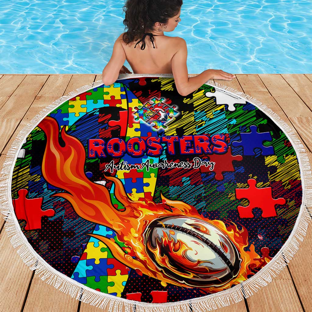 Roosters Autism Awareness Beach Blanket Puzzle Flames Rugby Ball