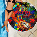 Roosters Autism Awareness Beach Blanket Puzzle Flames Rugby Ball