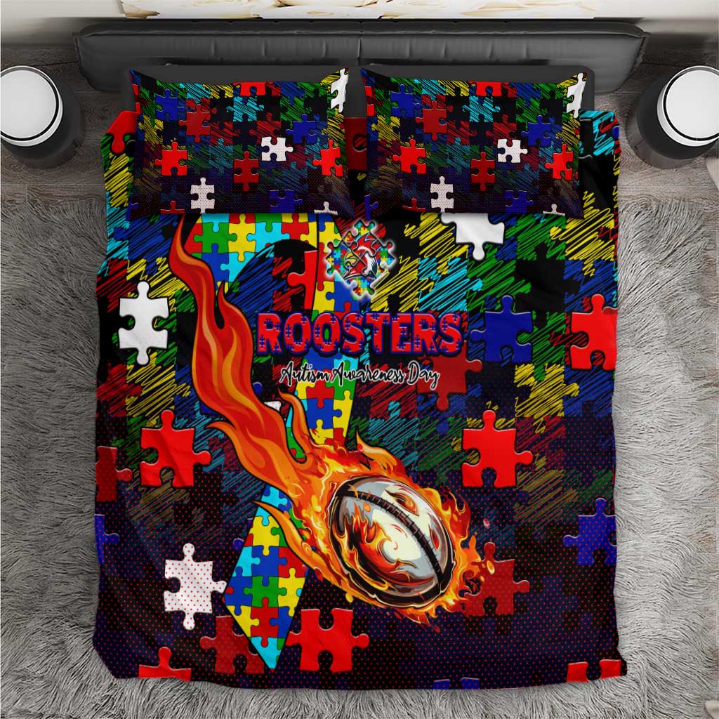 Roosters Autism Awareness Bedding Set Puzzle Flames Rugby Ball