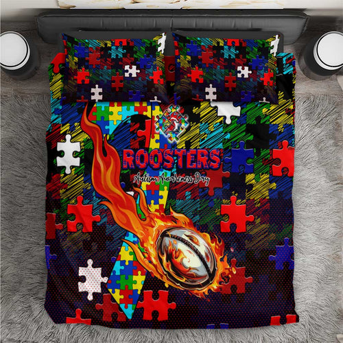 Roosters Autism Awareness Bedding Set Puzzle Flames Rugby Ball