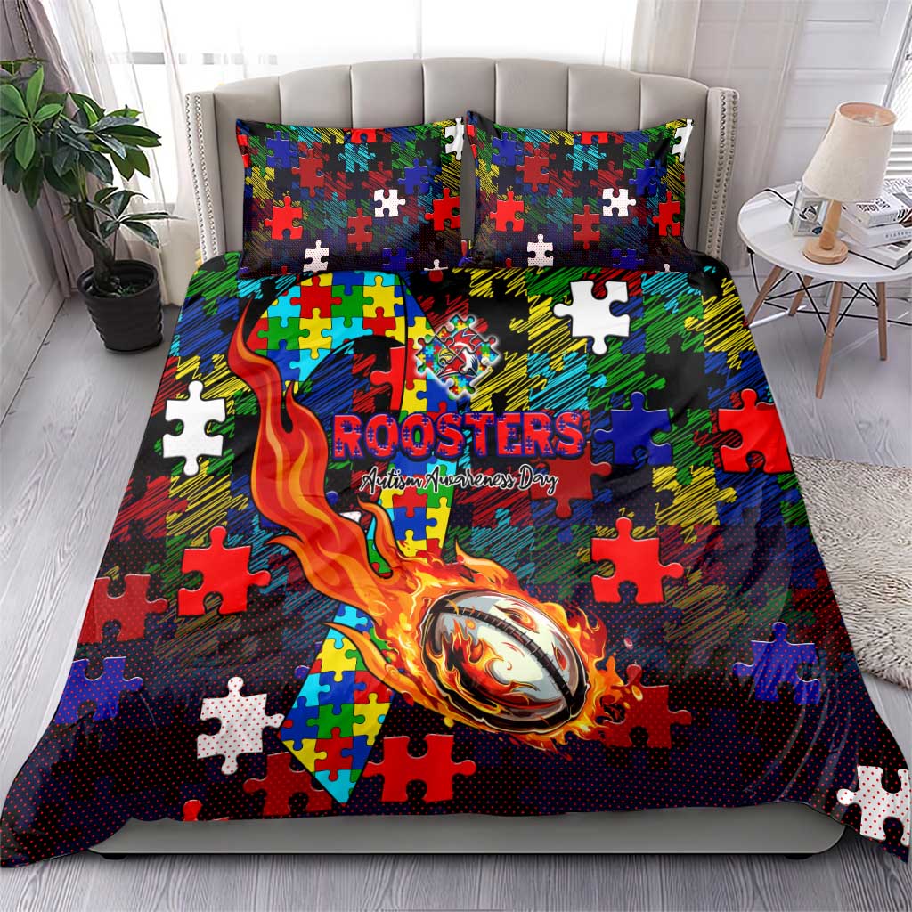 Roosters Autism Awareness Bedding Set Puzzle Flames Rugby Ball