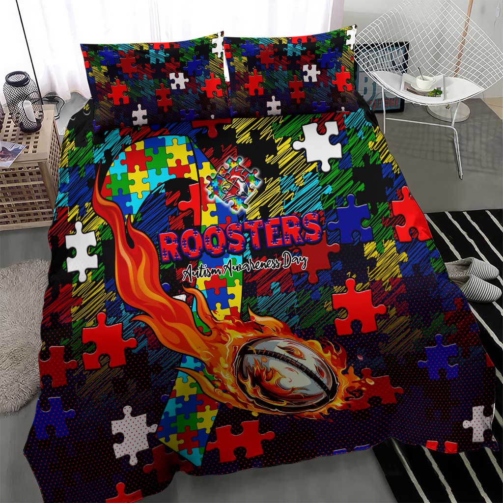 Roosters Autism Awareness Bedding Set Puzzle Flames Rugby Ball