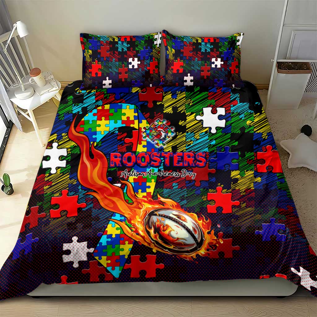 Roosters Autism Awareness Bedding Set Puzzle Flames Rugby Ball