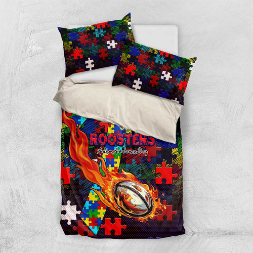 Roosters Autism Awareness Bedding Set Puzzle Flames Rugby Ball