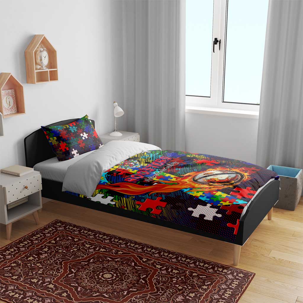 Roosters Autism Awareness Bedding Set Puzzle Flames Rugby Ball