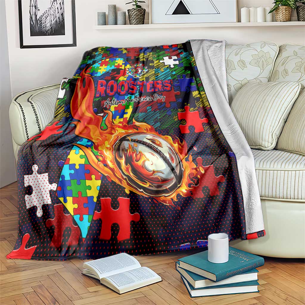 Roosters Autism Awareness Blanket Puzzle Flames Rugby Ball