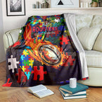 Roosters Autism Awareness Blanket Puzzle Flames Rugby Ball