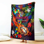 Roosters Autism Awareness Blanket Puzzle Flames Rugby Ball