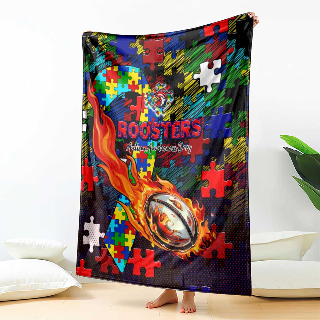 Roosters Autism Awareness Blanket Puzzle Flames Rugby Ball