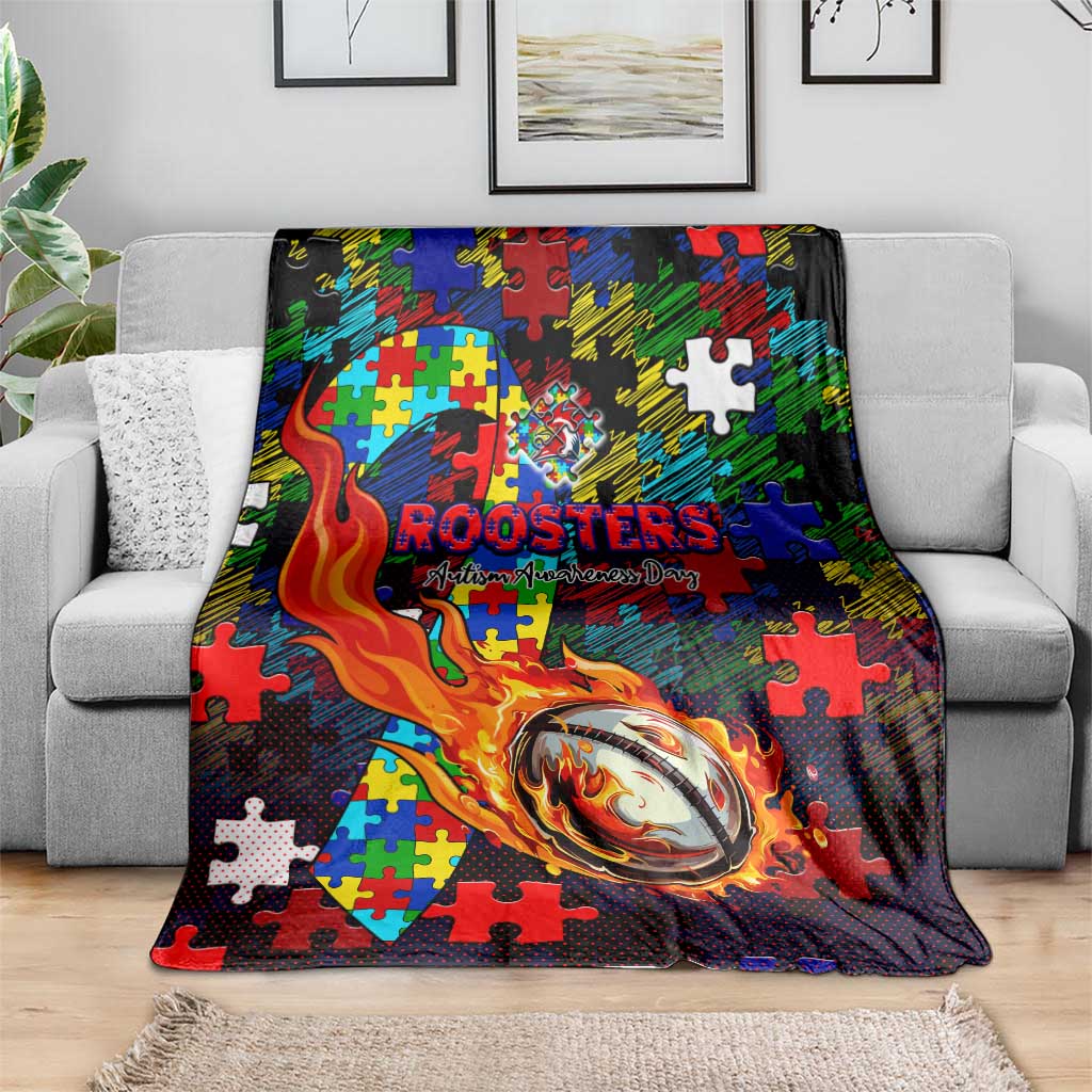 Roosters Autism Awareness Blanket Puzzle Flames Rugby Ball