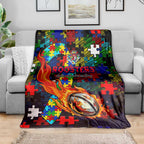 Roosters Autism Awareness Blanket Puzzle Flames Rugby Ball