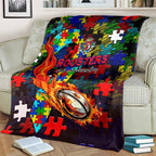 Roosters Autism Awareness Blanket Puzzle Flames Rugby Ball