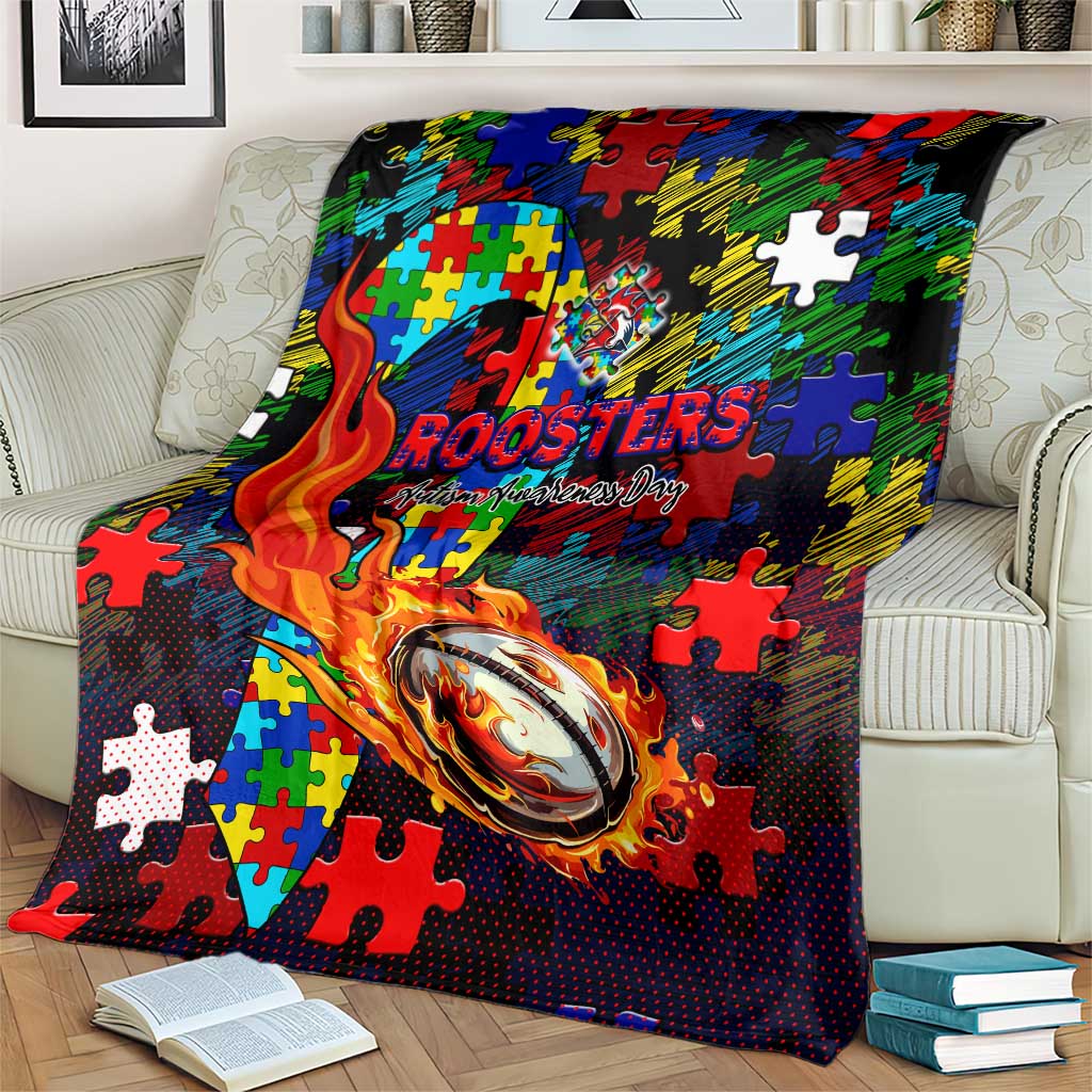 Roosters Autism Awareness Blanket Puzzle Flames Rugby Ball