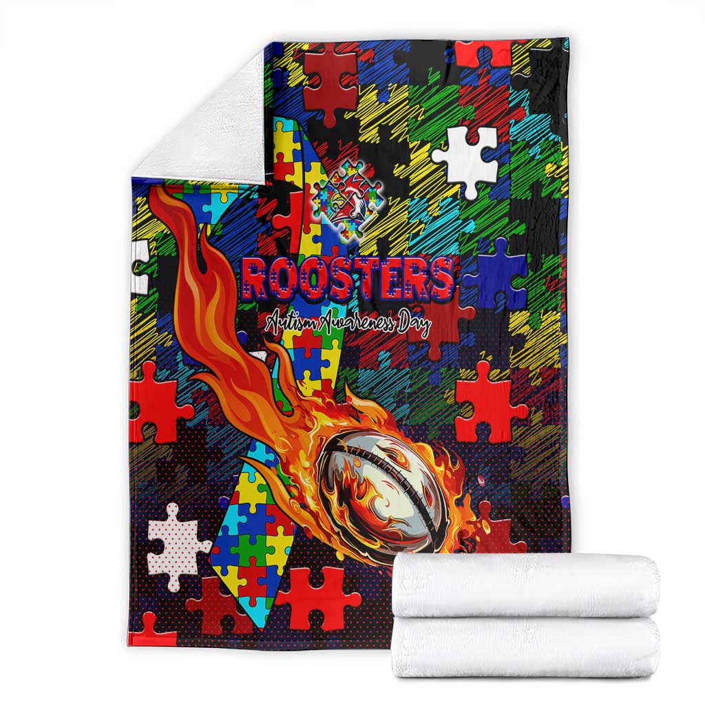 Roosters Autism Awareness Blanket Puzzle Flames Rugby Ball