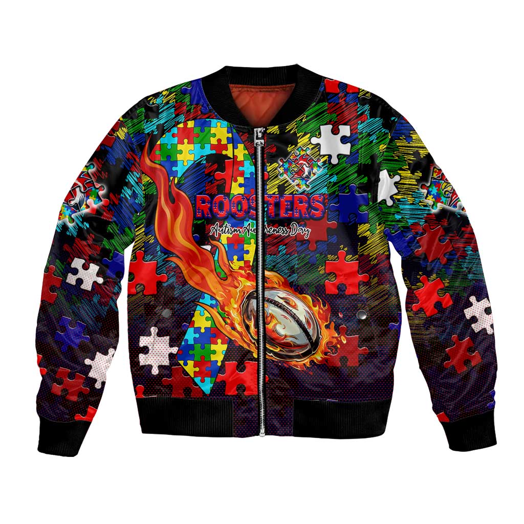 Roosters Autism Awareness Bomber Jacket Puzzle Flames Rugby Ball