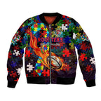 Roosters Autism Awareness Bomber Jacket Puzzle Flames Rugby Ball