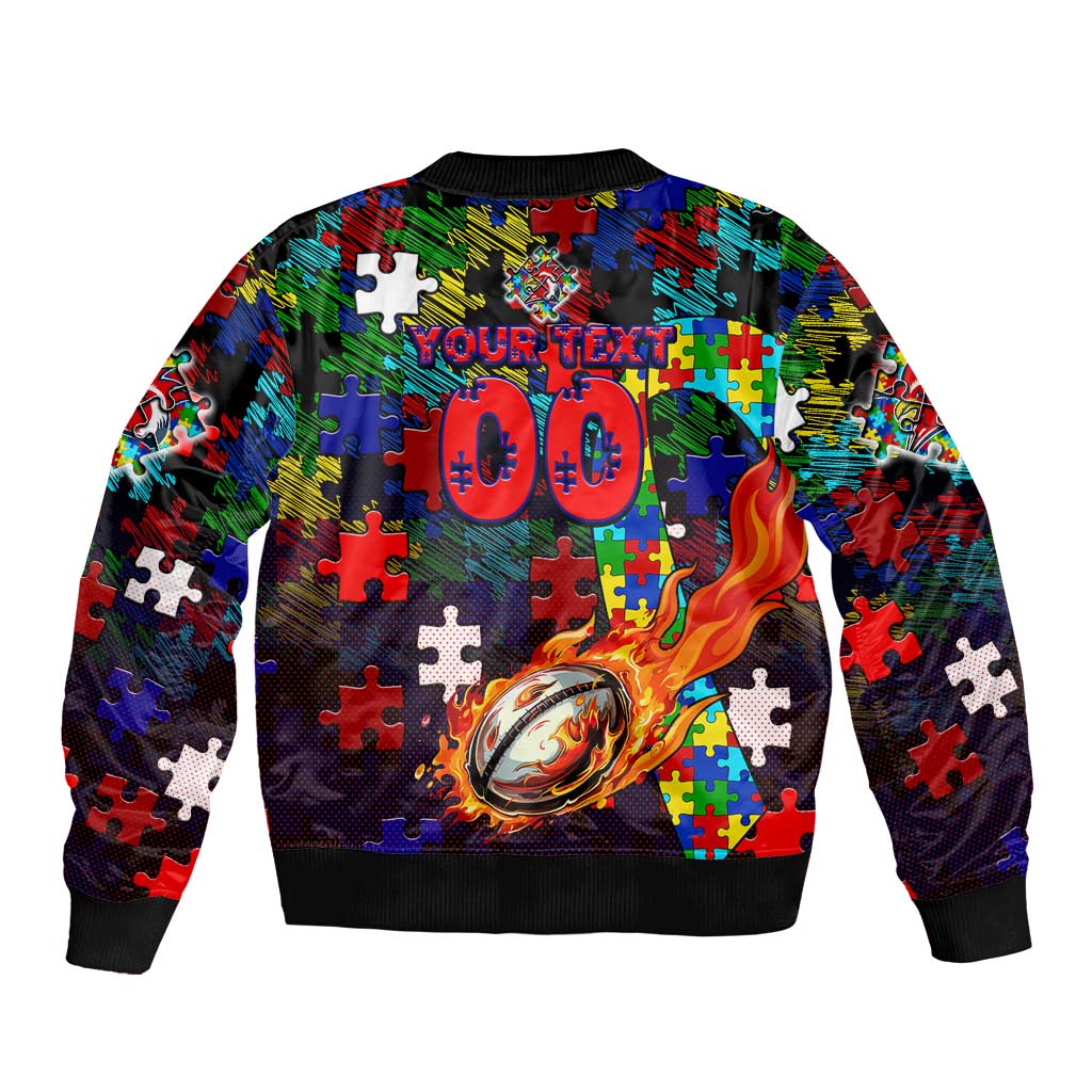 Roosters Autism Awareness Bomber Jacket Puzzle Flames Rugby Ball