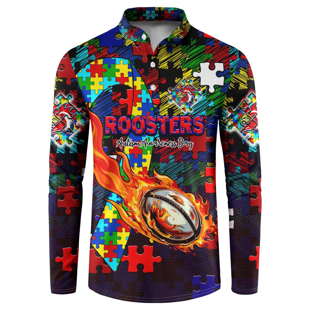Roosters Autism Awareness Button Sweatshirt Puzzle Flames Rugby Ball