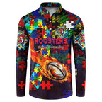 Roosters Autism Awareness Button Sweatshirt Puzzle Flames Rugby Ball