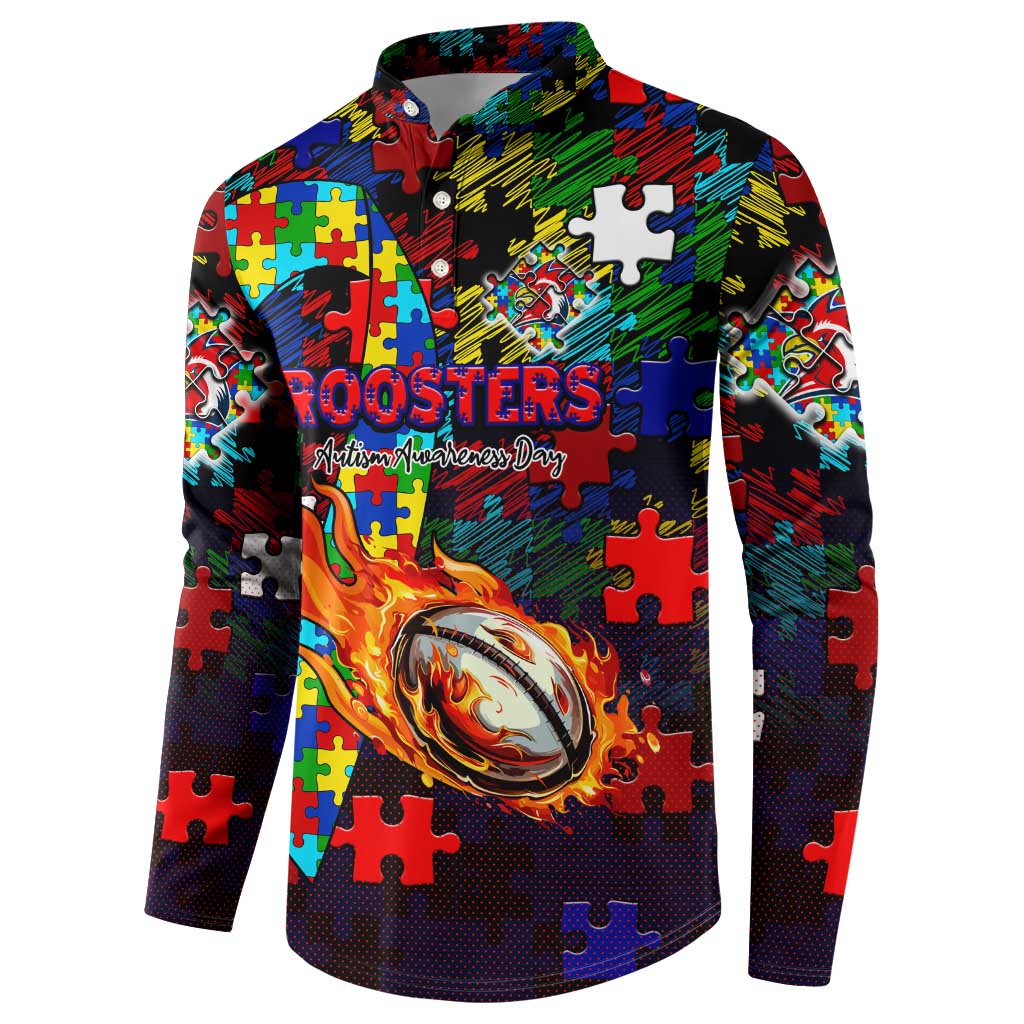Roosters Autism Awareness Button Sweatshirt Puzzle Flames Rugby Ball