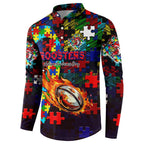 Roosters Autism Awareness Button Sweatshirt Puzzle Flames Rugby Ball