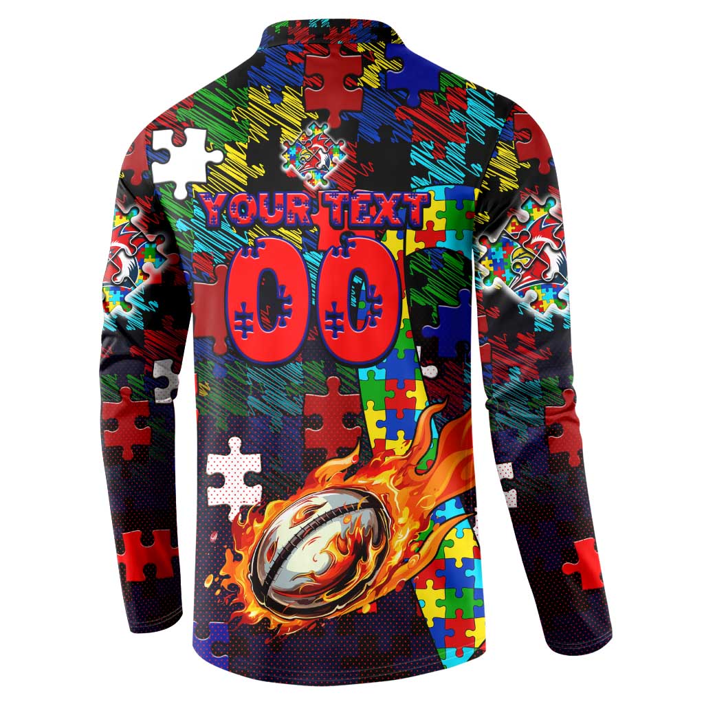 Roosters Autism Awareness Button Sweatshirt Puzzle Flames Rugby Ball
