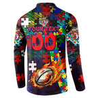 Roosters Autism Awareness Button Sweatshirt Puzzle Flames Rugby Ball