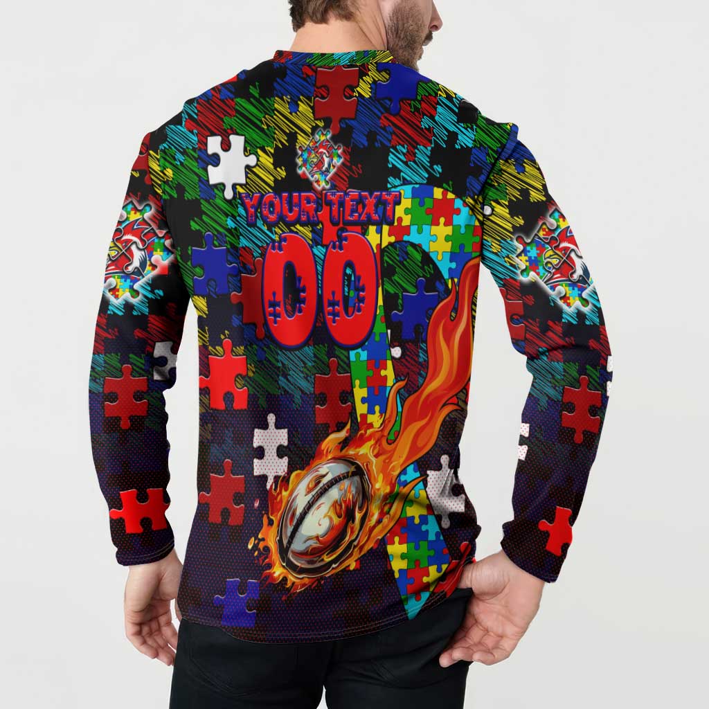 Roosters Autism Awareness Button Sweatshirt Puzzle Flames Rugby Ball