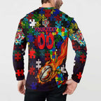 Roosters Autism Awareness Button Sweatshirt Puzzle Flames Rugby Ball
