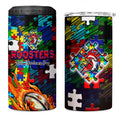 Roosters Autism Awareness 4 in 1 Can Cooler Tumbler Puzzle Flames Rugby Ball