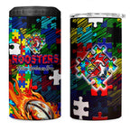 Roosters Autism Awareness 4 in 1 Can Cooler Tumbler Puzzle Flames Rugby Ball