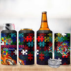 Roosters Autism Awareness 4 in 1 Can Cooler Tumbler Puzzle Flames Rugby Ball