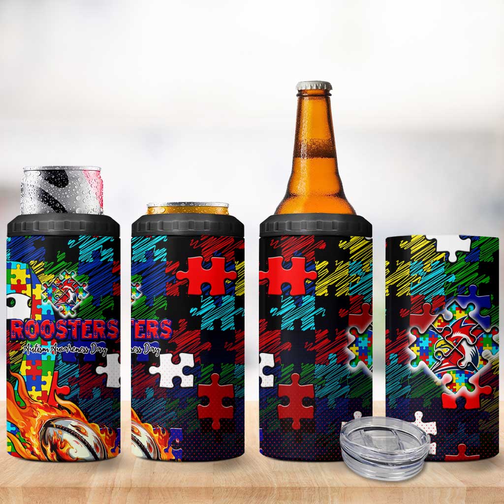 Roosters Autism Awareness 4 in 1 Can Cooler Tumbler Puzzle Flames Rugby Ball