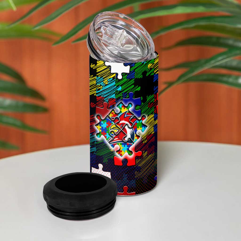 Roosters Autism Awareness 4 in 1 Can Cooler Tumbler Puzzle Flames Rugby Ball