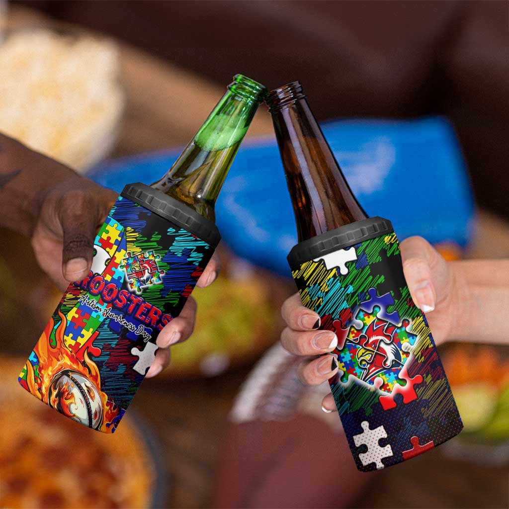 Roosters Autism Awareness 4 in 1 Can Cooler Tumbler Puzzle Flames Rugby Ball