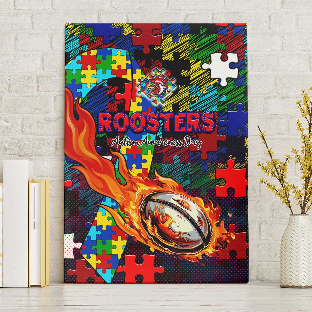 Roosters Autism Awareness Canvas Wall Art Puzzle Flames Rugby Ball