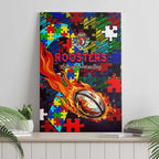 Roosters Autism Awareness Canvas Wall Art Puzzle Flames Rugby Ball